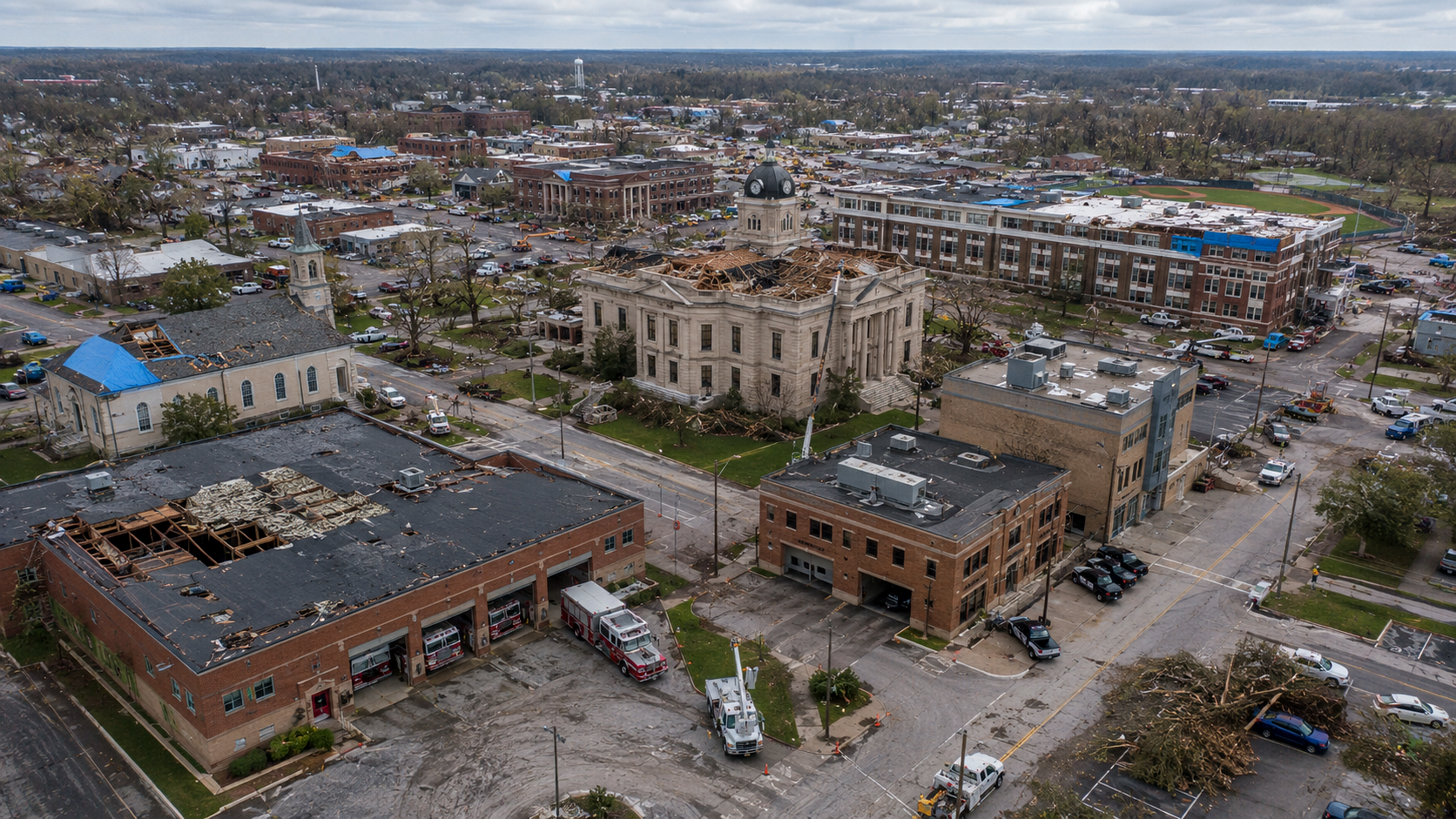 Aerial view of a downtown public entity environment with multiple buildings showing the scale of a multi-property event