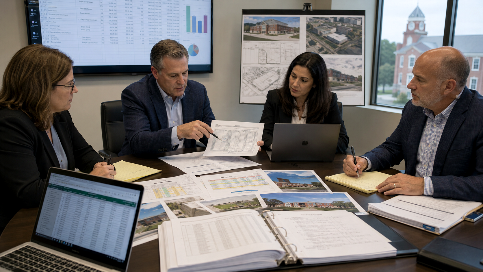 Professional review team analyzing invoices, records, and supporting documentation at a conference table