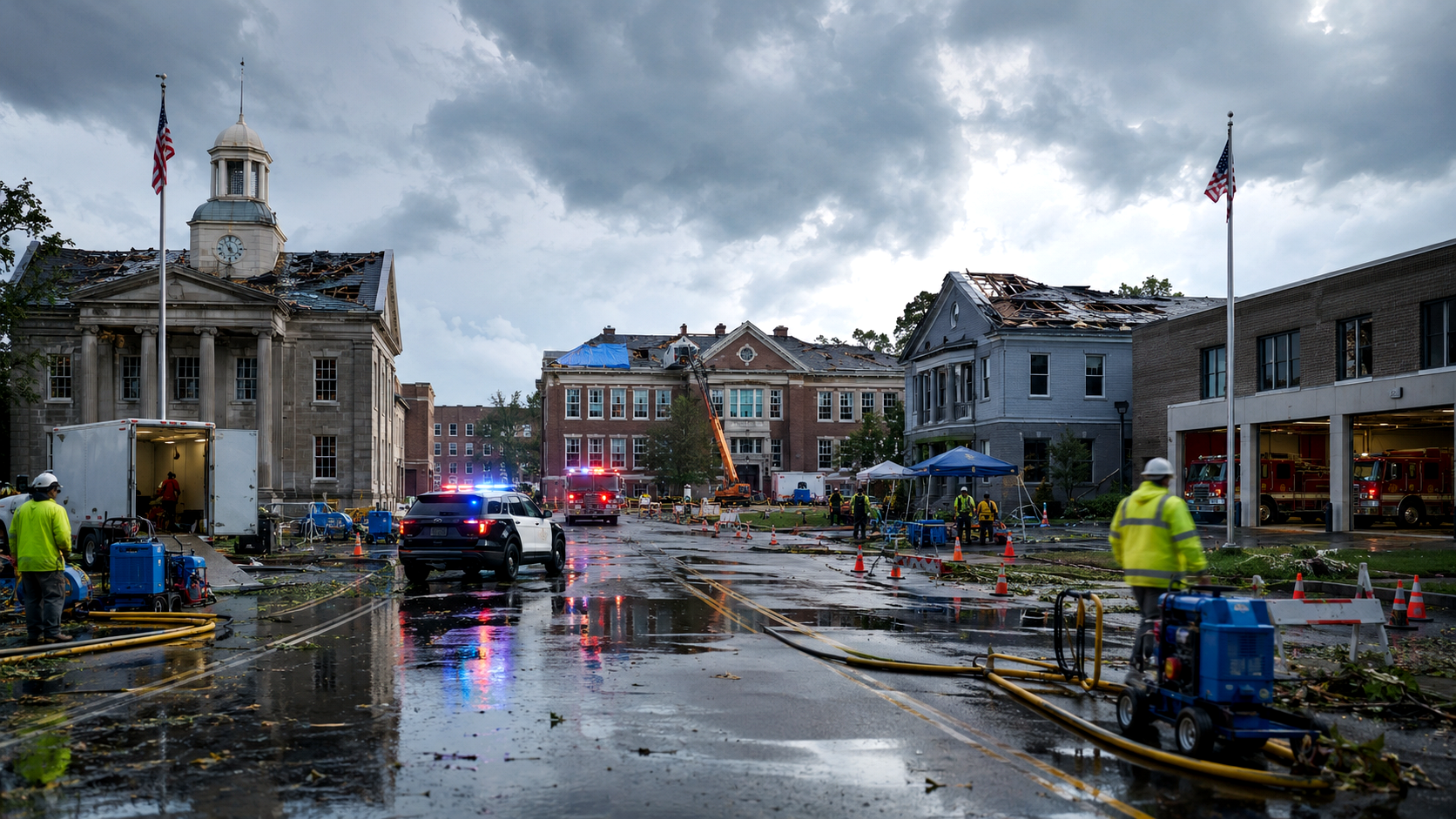Storm-impacted downtown area with municipal and school-type buildings, emergency response activity, and visible public safety presence